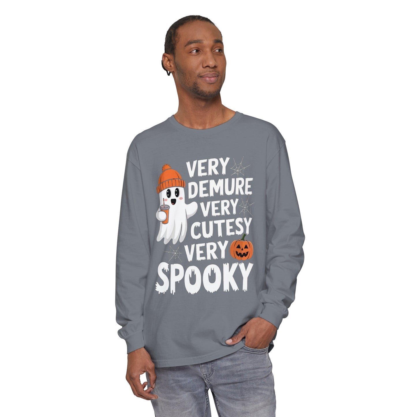 Very Demure Very Cutesy Very Spooky Unisex Garment-dyed Long Sleeve T-Shirt