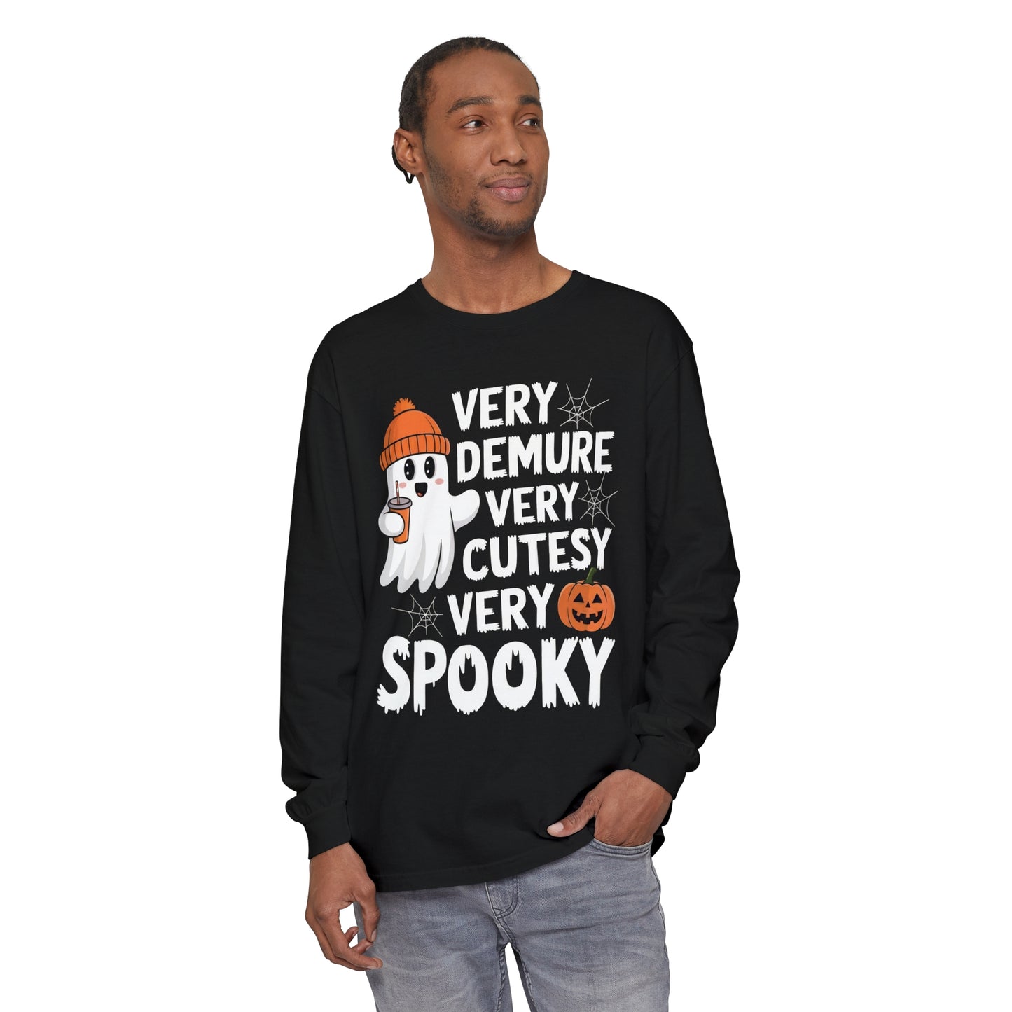 Very Demure Very Cutesy Very Spooky Unisex Garment-dyed Long Sleeve T-Shirt