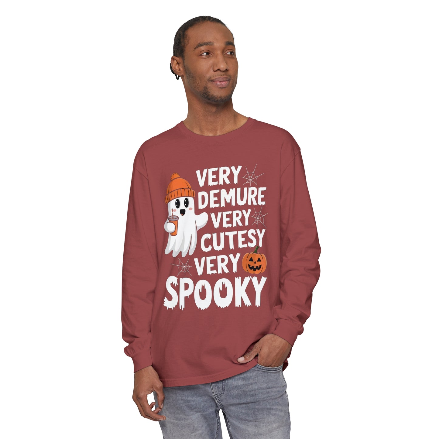 Very Demure Very Cutesy Very Spooky Unisex Garment-dyed Long Sleeve T-Shirt