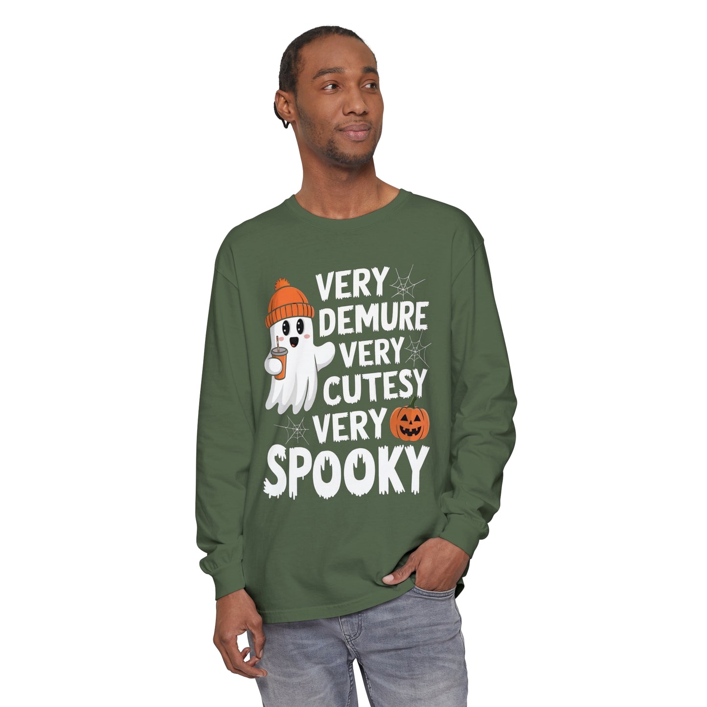 Very Demure Very Cutesy Very Spooky Unisex Garment-dyed Long Sleeve T-Shirt