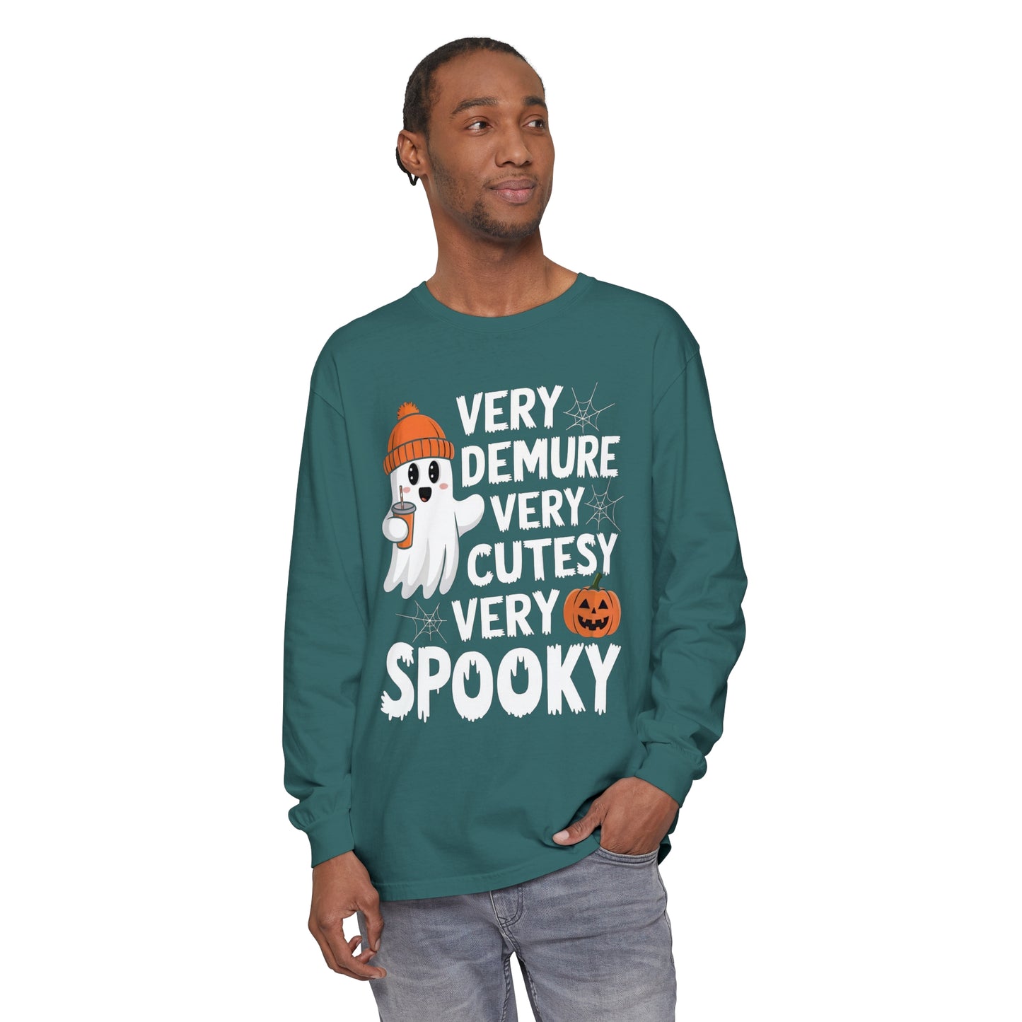 Very Demure Very Cutesy Very Spooky Unisex Garment-dyed Long Sleeve T-Shirt