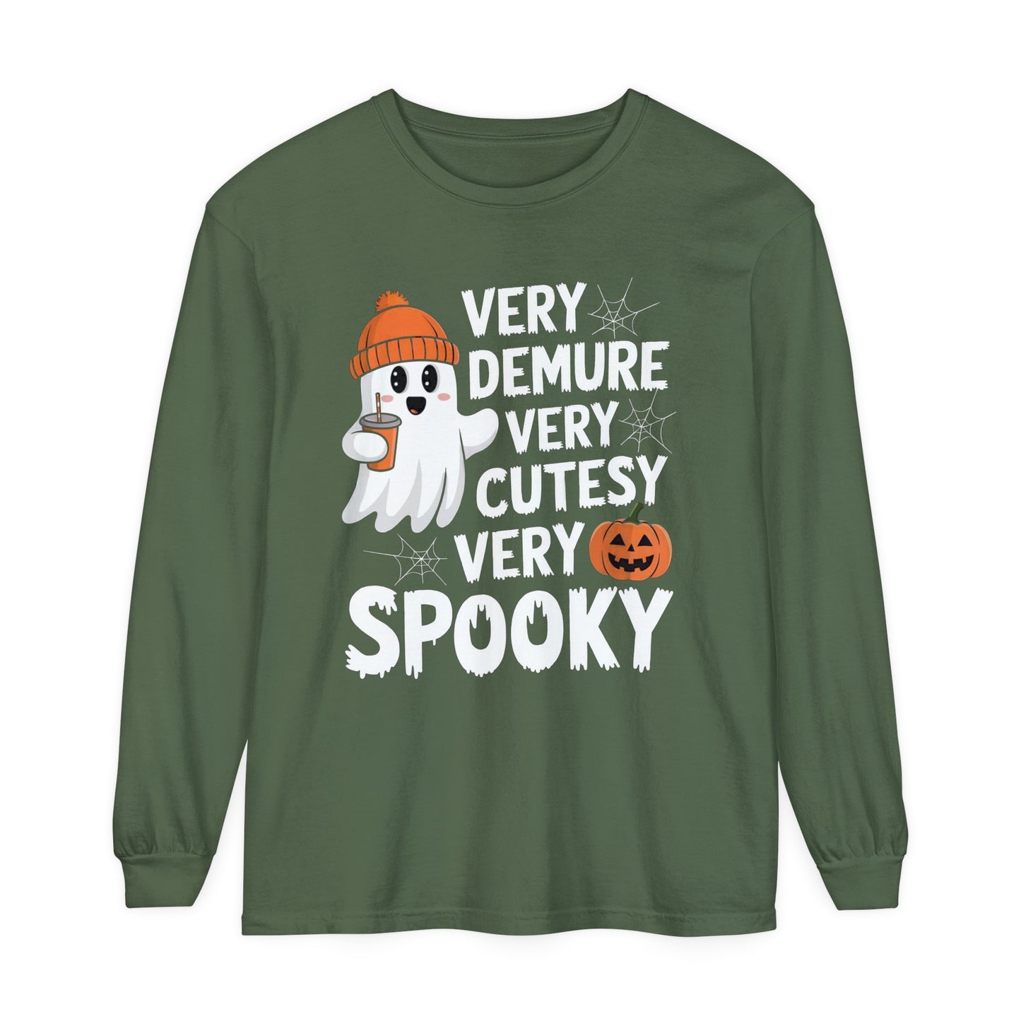 Very Demure Very Cutesy Very Spooky Unisex Garment-dyed Long Sleeve T-Shirt