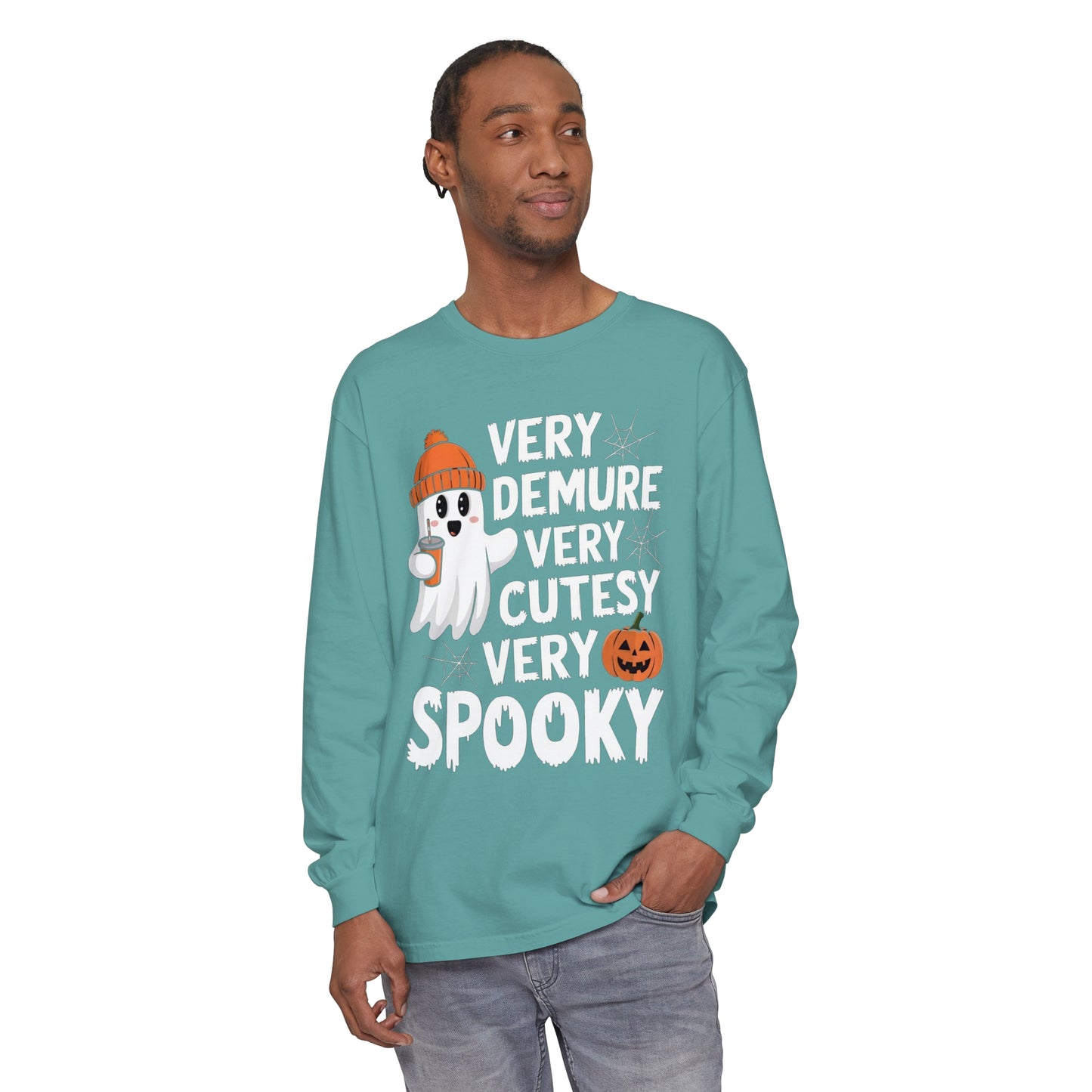 Very Demure Very Cutesy Very Spooky Unisex Garment-dyed Long Sleeve T-Shirt