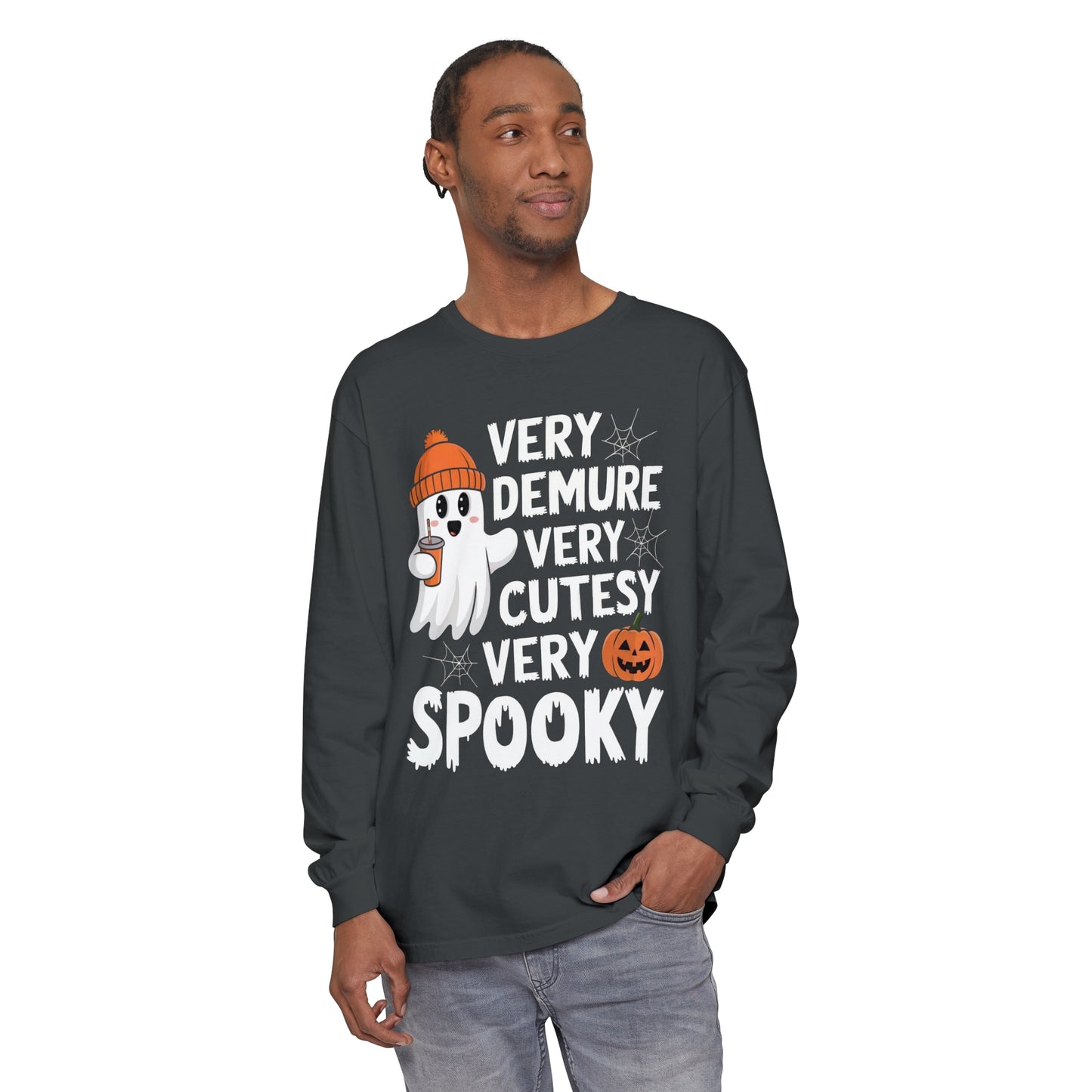 Very Demure Very Cutesy Very Spooky Unisex Garment-dyed Long Sleeve T-Shirt