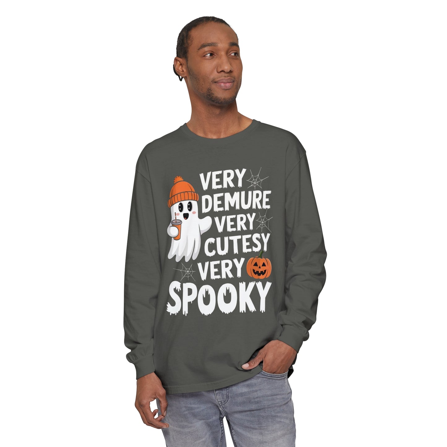 Very Demure Very Cutesy Very Spooky Unisex Garment-dyed Long Sleeve T-Shirt